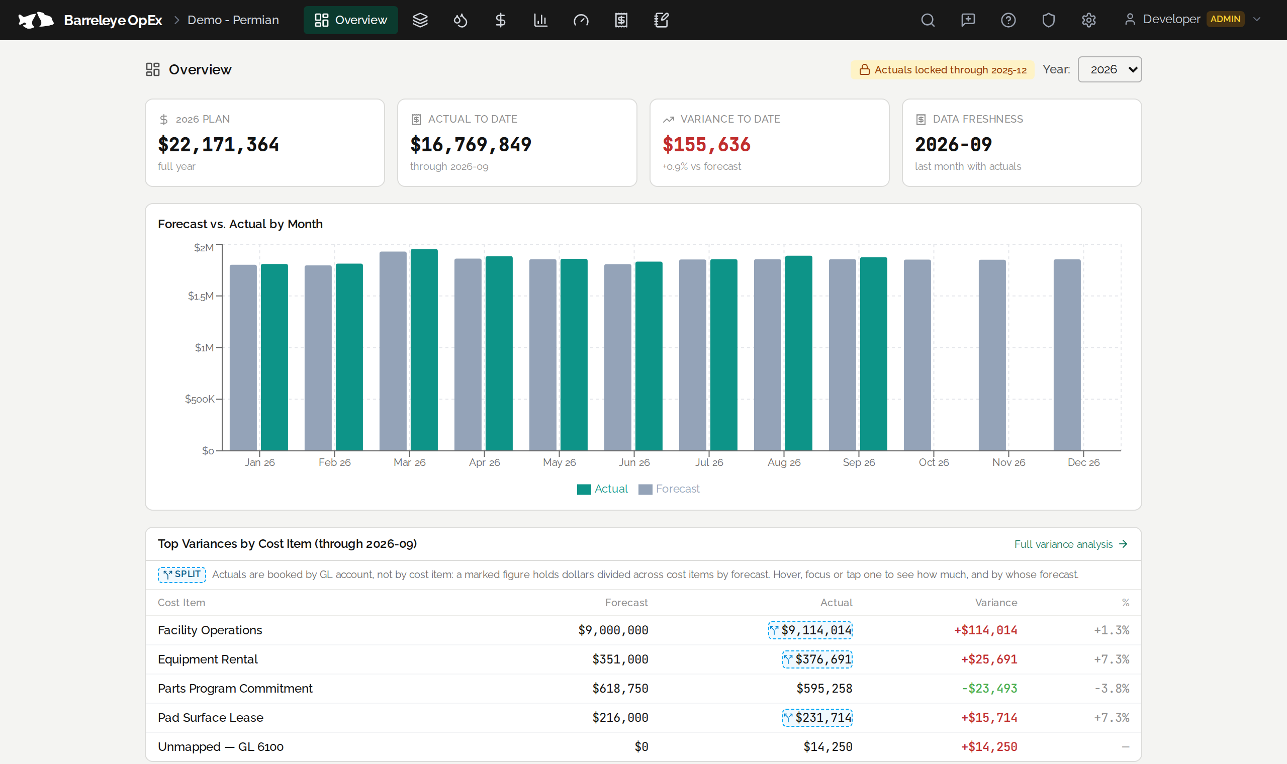 The Overview screen: the year's plan, actual to date, variance to date, a forecast-versus-actual chart by month and the top variances by cost item.